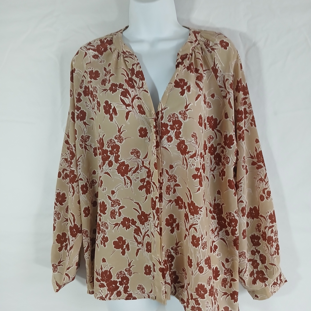 bishop young Blouse Top Tan Floral Button Up NWT sz S preppy casual career
